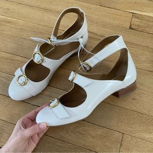 Chloe Pearl Buckle Ankle Strap Leather Flats
